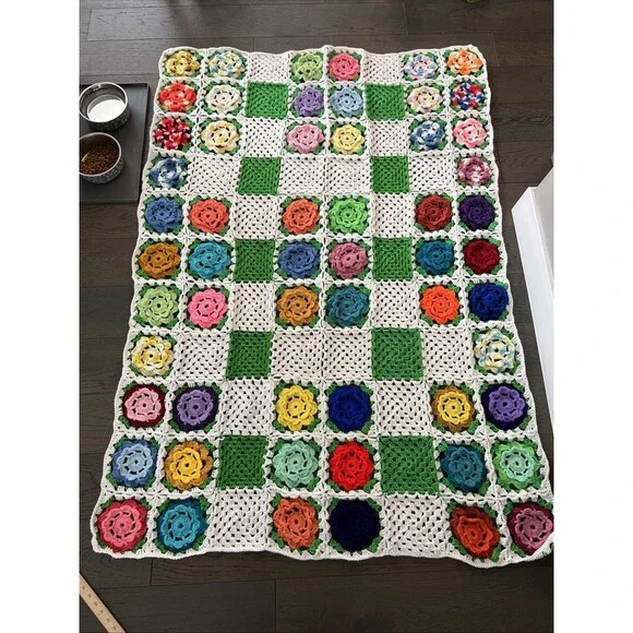 Handcrafted Colorful Granny Square Crochet Afghan Grandma Flower Roseanne Chic - Picture 3 of 5
